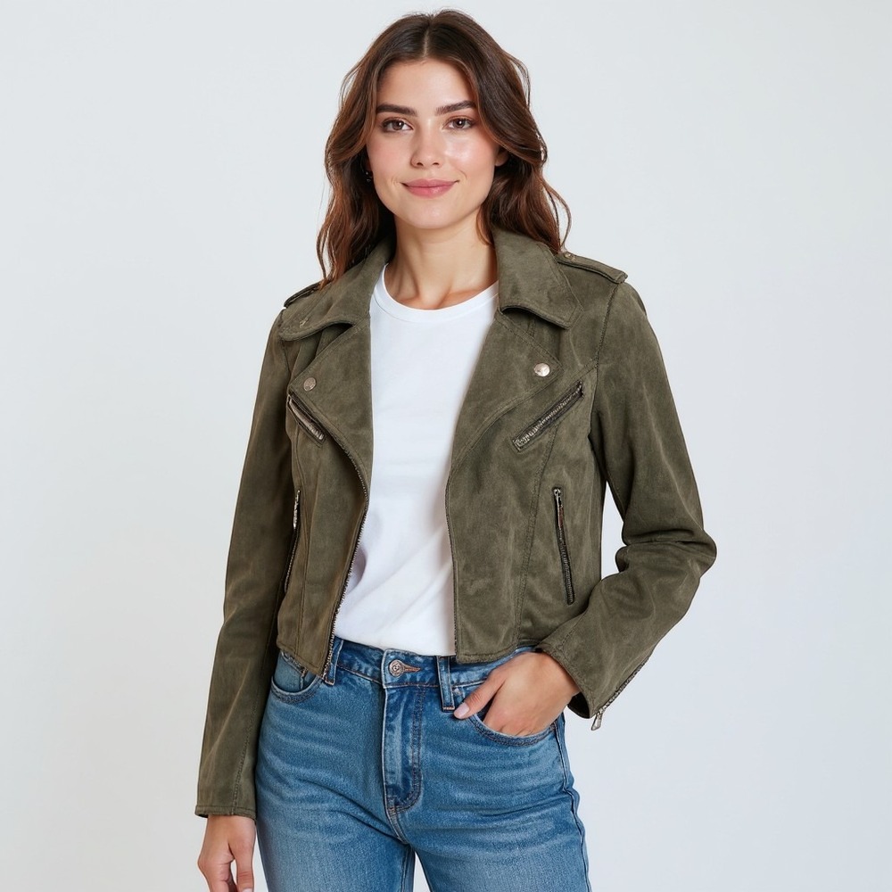 Anthropologie‎ Kelyn Green Olive green Faux suede Cropped Moto Jacket XS